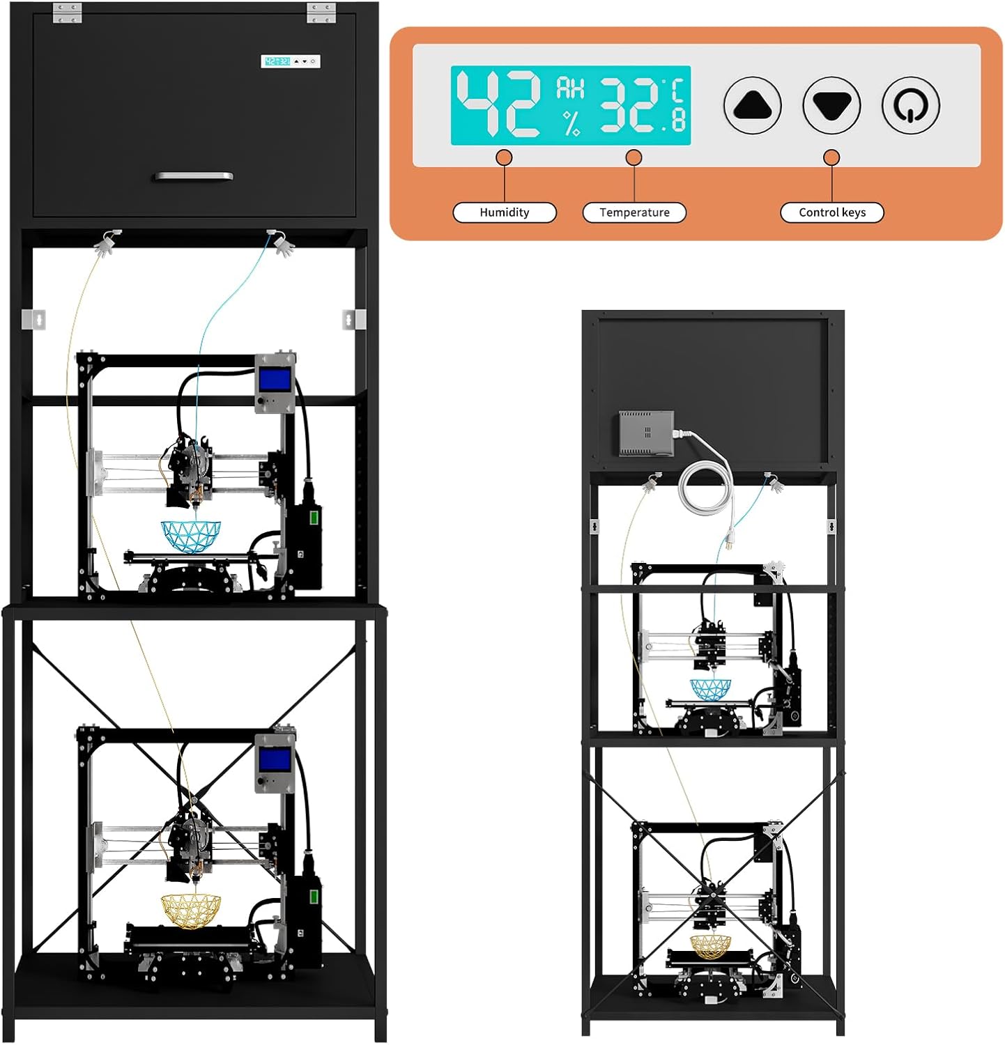 3D Printer Filament Storage Stand Rack with Dehumidifier| 3-Tier All-in-One Organizer with Tool Mounts, Dual Spool Holders | Compatible with Most 3D Printers (100LBlack)