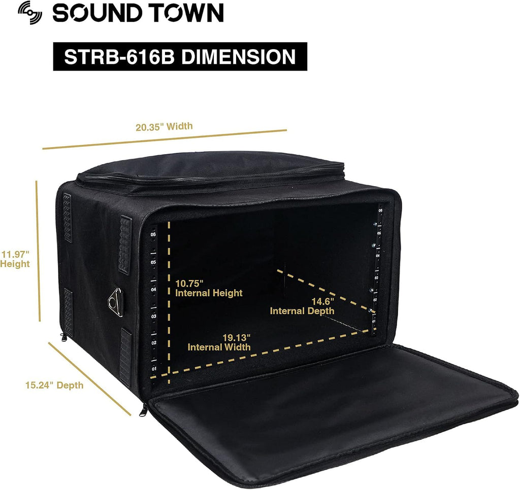 Sound Town Portable 6U Rack Bag, Soft Rack Case with 14' Rackable Depth, Plywood Rack Frame, Shoulder Strap, Accessory Pocket (STRB-616B)