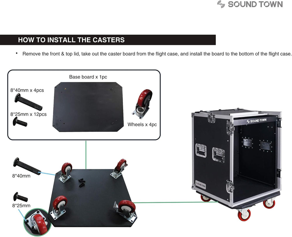 Sound Town Heavy-Duty 1/2' (12mm) Plywood 14U PA DJ Rack/Road ATA Case with 11U Slant Mixer Top, 20'' Rackable Depth, DJ Work Table and Casters, 14 Space Size, Pro Tour Grade (STMR-14UWT)