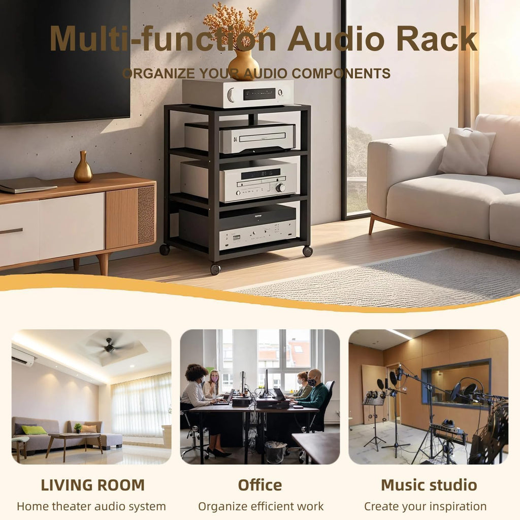 3/4/5 Tier Audio-Video Media Stand with Adjustable Shelves, Home Stereo System Entertainment Components Cabinet for Gaming, Meeting, Living, Recording Room, Black(50x40x69.5cm)