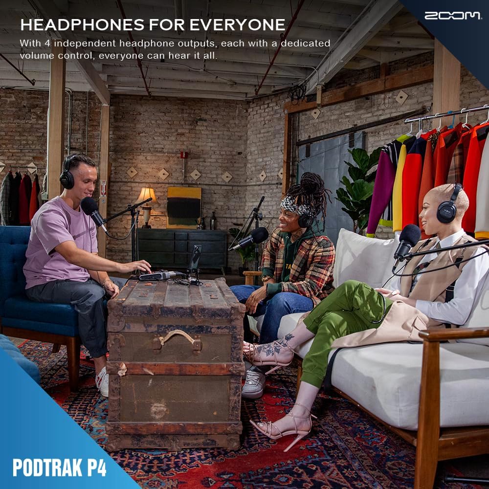 Zoom PodTrak P4 Portable Multitrack Podcast Recorder, Audio Interface w/ 4 Mic Inputs, 4 Headphone Outputs with 64GB SD, 4X Zoom Podcast Mic Pack, 4X Pop Filter Set, 4AA Rechargeable Batteries & More