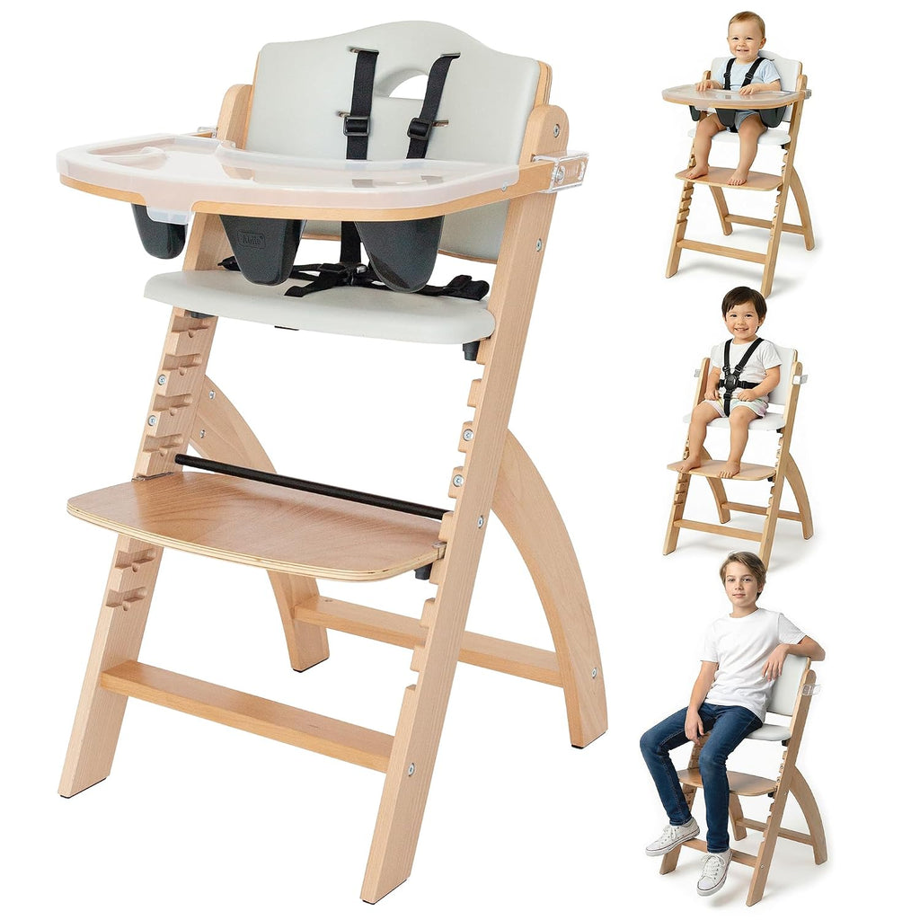 Abiie Beyond Junior Wooden High Chair for Babies and Toddlers - Convertible 3-in-1 Baby Highchair with Removable Tray - 6 Months to 250 Lb - Water Resistant - Natural Wood/Dove Grey Cushion