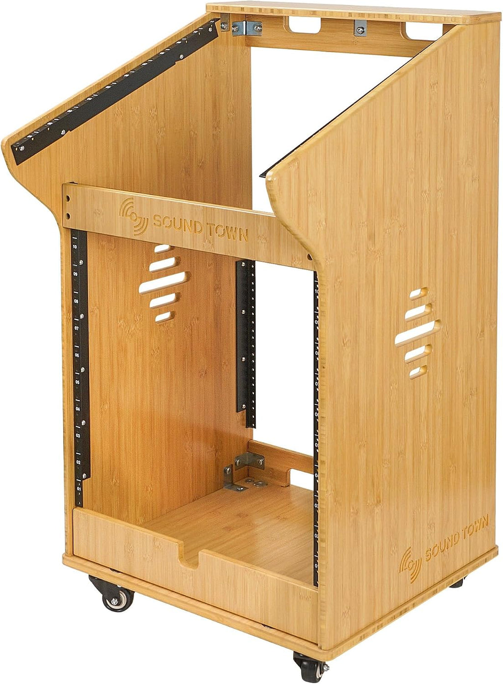 Sound Town DIY Solid Carbonized Bamboo Studio Rack with 11U Slant Mixer Top, 10U Front Rack, 2U Bottom Storage, Casters, Rubber Feet, for Recording Room, PA/DJ Equipment, Home-Audio (STBR-M11X12)