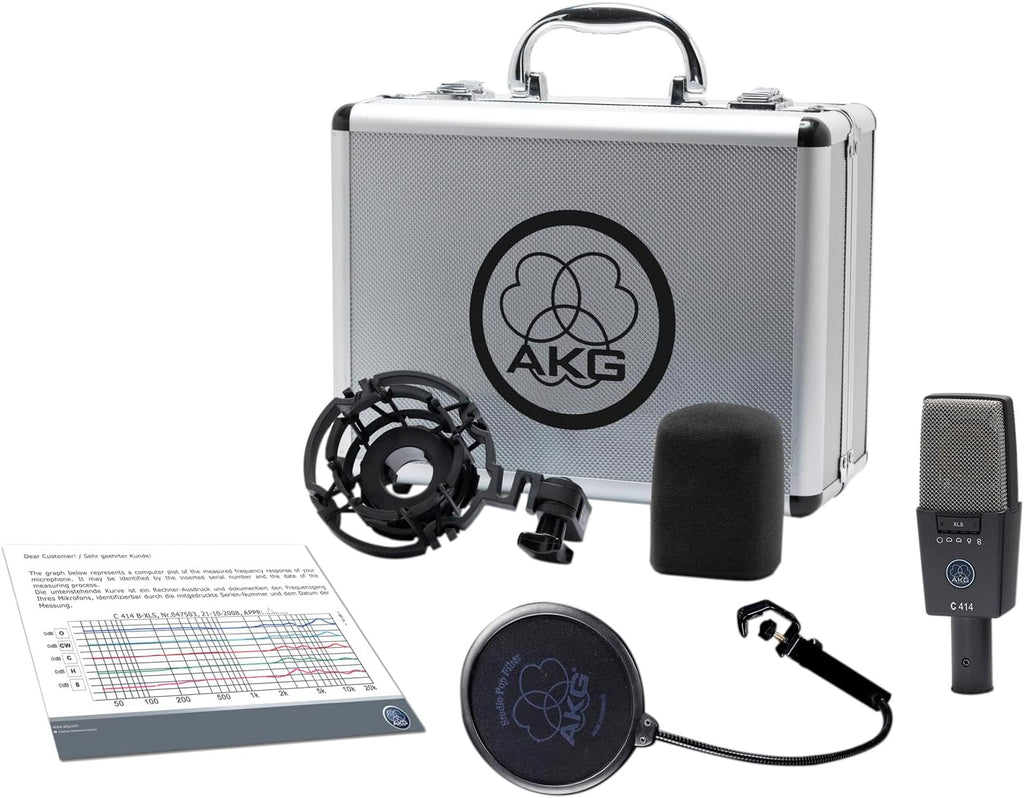 AKG Pro Audio C414 XLS Studio Grade Professional Large Diaphragm Vocal and Instrument Condenser Microphone with Rugged Aluminum Carrying Case. XLR Connector. Gray with Gold