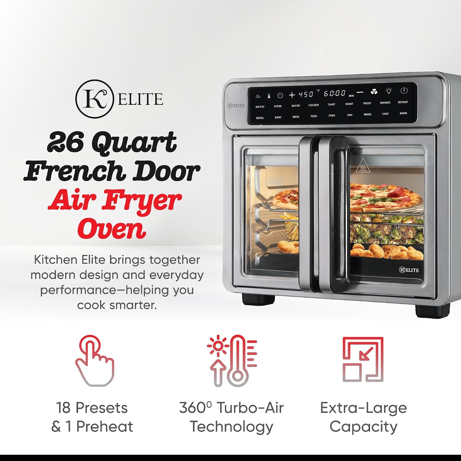 Kitchen Elite 26 Quart French Door Air Fryer Oven – Family Size Countertop Convection Cooker with LED Display, Stainless Steel