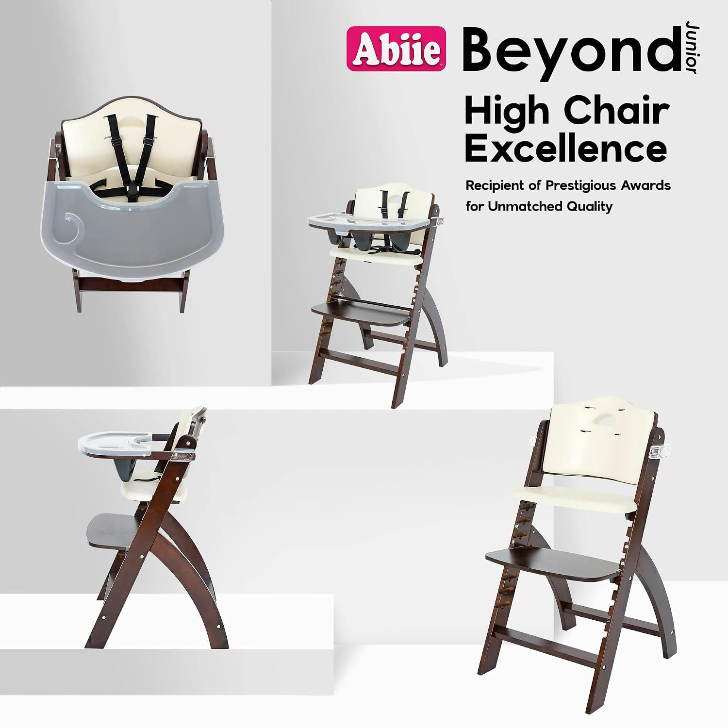 Abiie Beyond Junior Wooden High Chair for Babies and Toddlers - Convertible 3-in-1 Baby Highchair with Removable Tray - 6 Months to 250 Lb - Water Resistant - Mahogany Wood/White Cushion