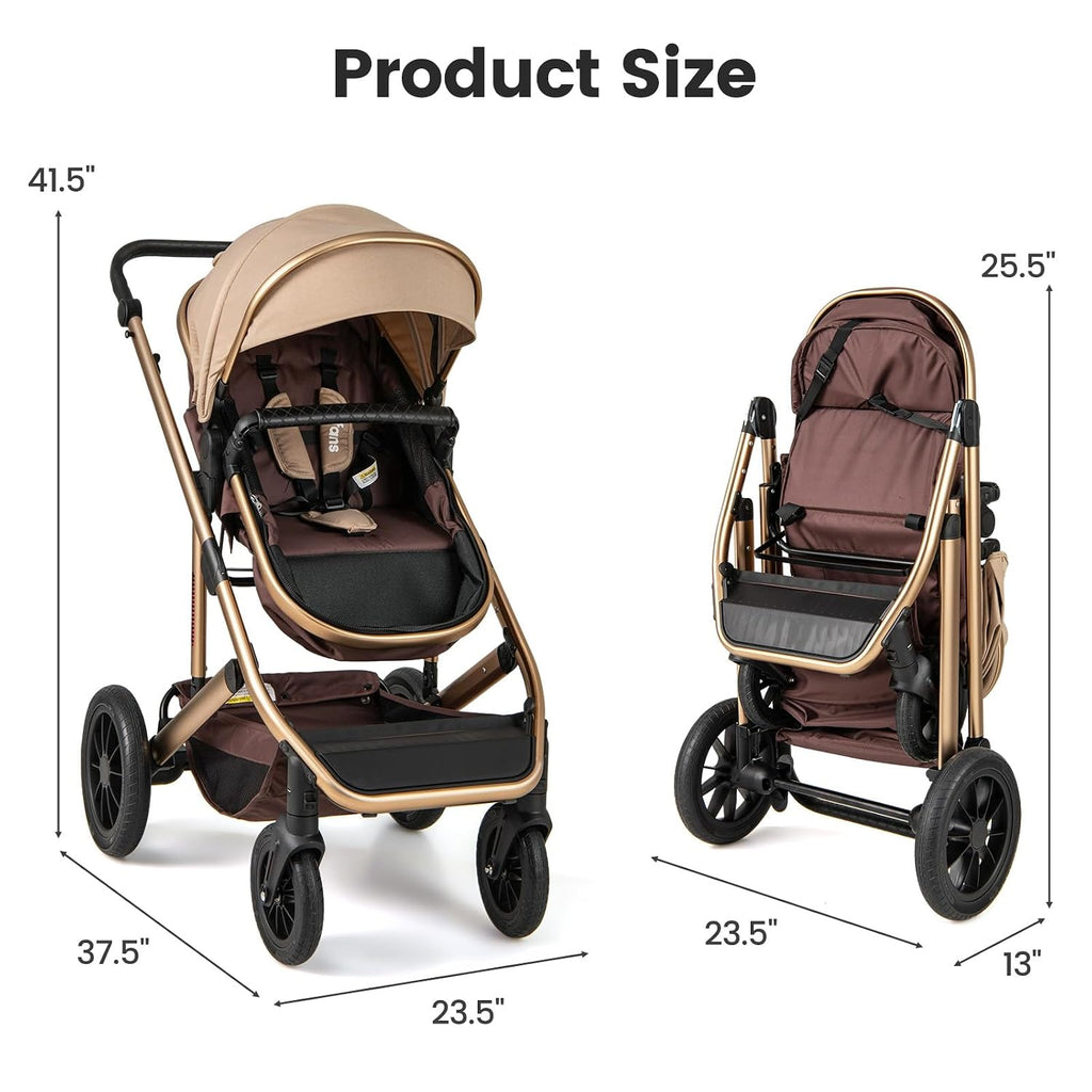 INFANS 2 in 1 Baby Stroller, Folding Newborn Pram Convertible Stroller Bassinet for Infant Foldable High Landscape Shock Absorption with Reversible Seat Aluminum Structure for Pushchair