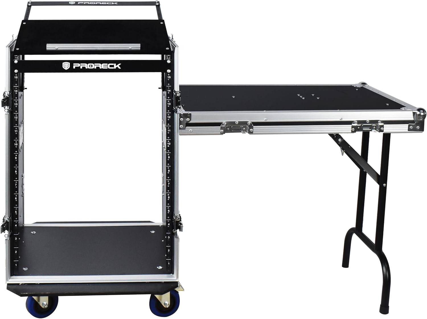 PRORECK 16U Rack/Road Case with Slant Mixer Top, One Side Table and Casters, 20'' Rackable Depth, Plywood, 16U Installation Size, Pro Stage Performance