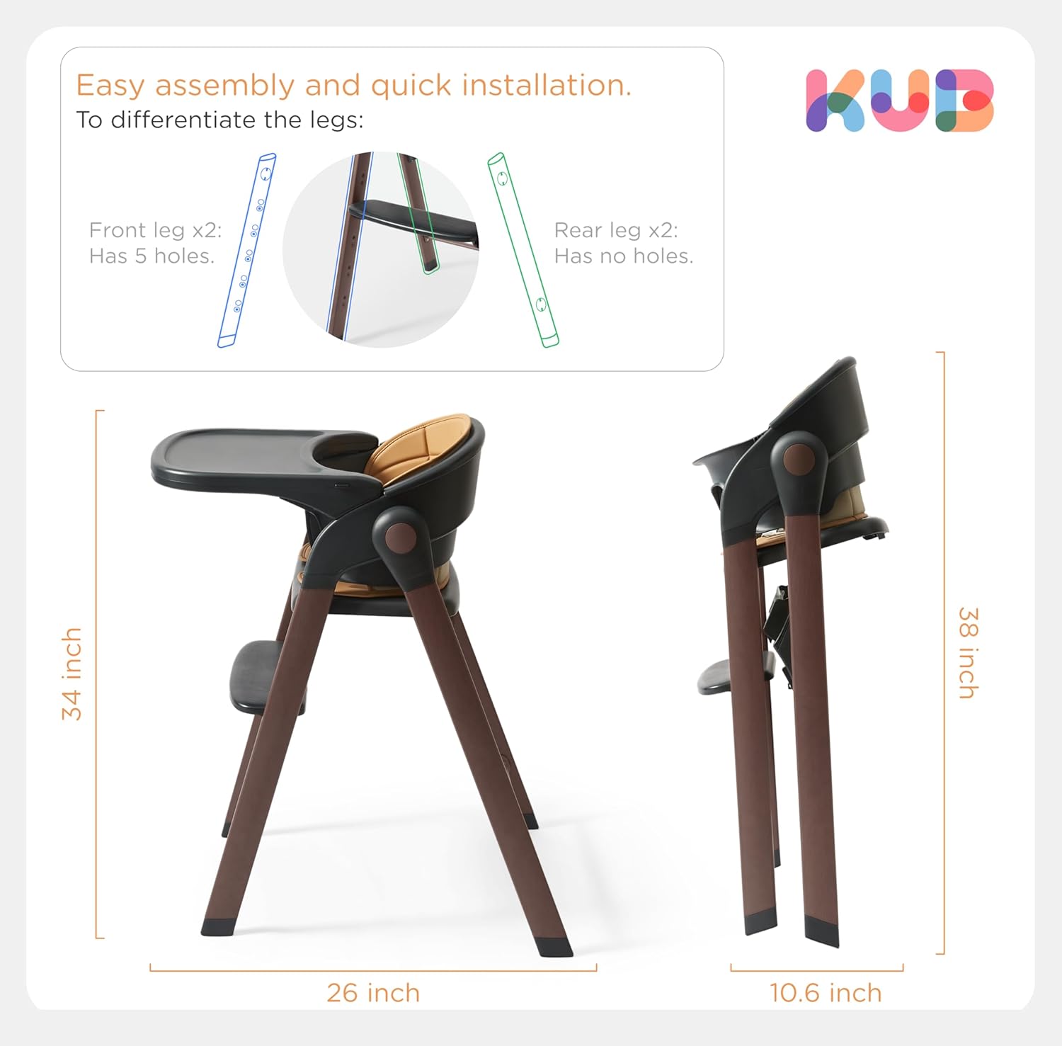 KUB High Chair for Babies and Toddlers Adjustable Foldable Convertible 5 Point Harness Easy Clean Wood-Printed Metal with Removable Tray Baby Highchair for Family (Black&Walnut Wood-Printed Metal)