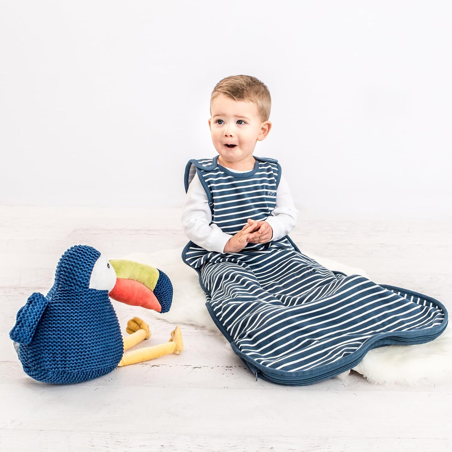Woolino 4 Season Ultimate Baby Sleeping Bag - Merino Wool and Organic Cotton - Universal Size Adjustable Sleep Sack for Baby - Two-Way Zipper Sleeping Bag (2-24 Months) - Navy Blue