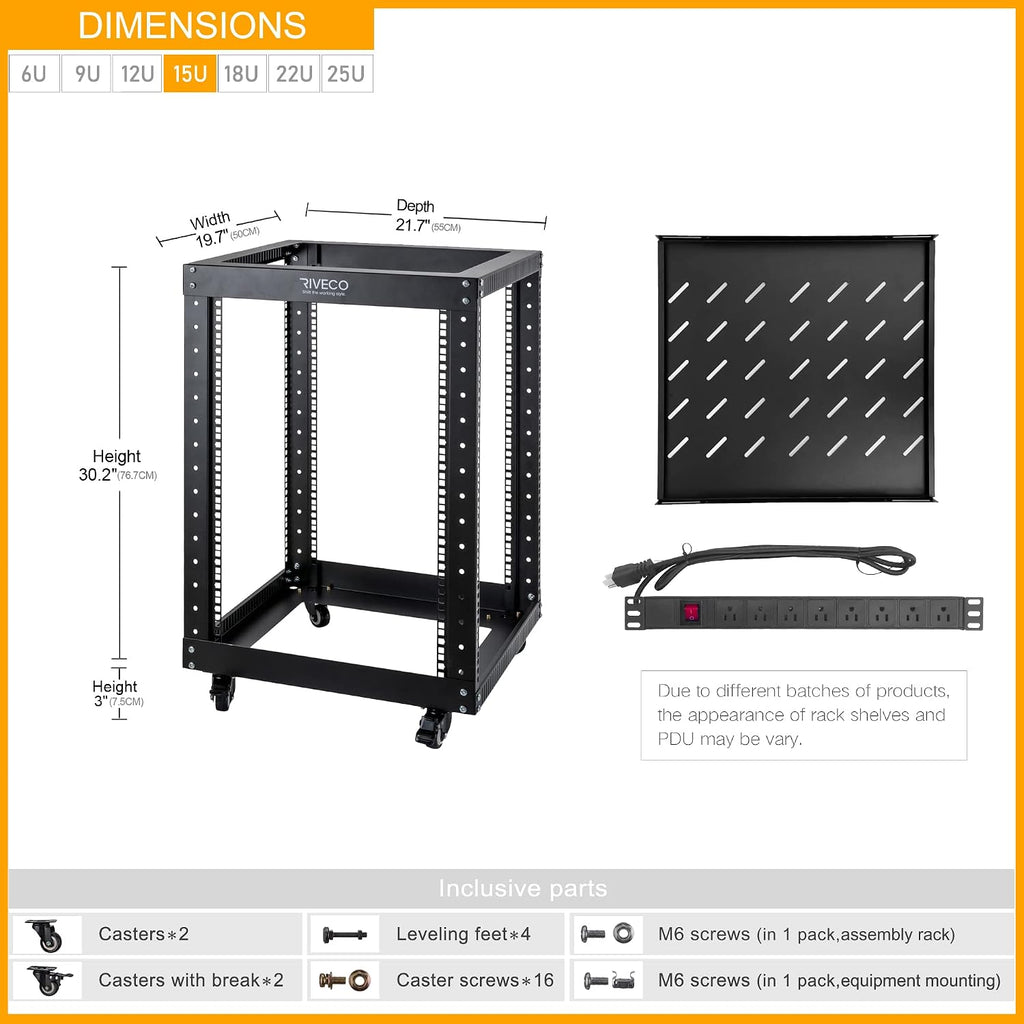 RIVECO 15U 19 Inch Open Frame Server Rack with Wheels Including 1U Rack Shelf & Power Strip Universal for 19' Network Equipment Black