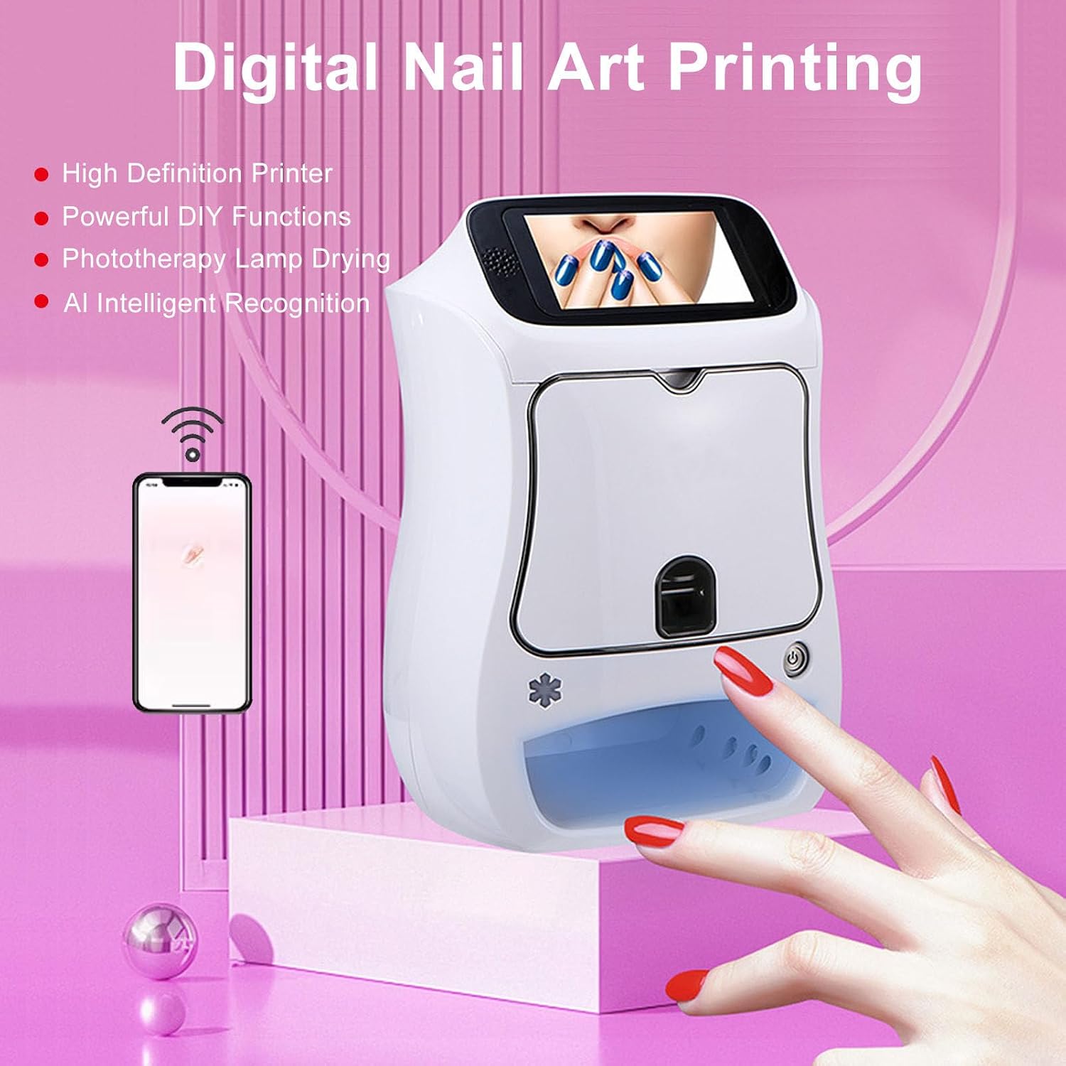 3D Automatic Smart Nail Printer, Portable Digital Mobile Nail Art Printer with Touch Screen Display, Nail Painter for Kid/Nail Studio/Nail Lovers, WiFi/DIY Nail Art Printer