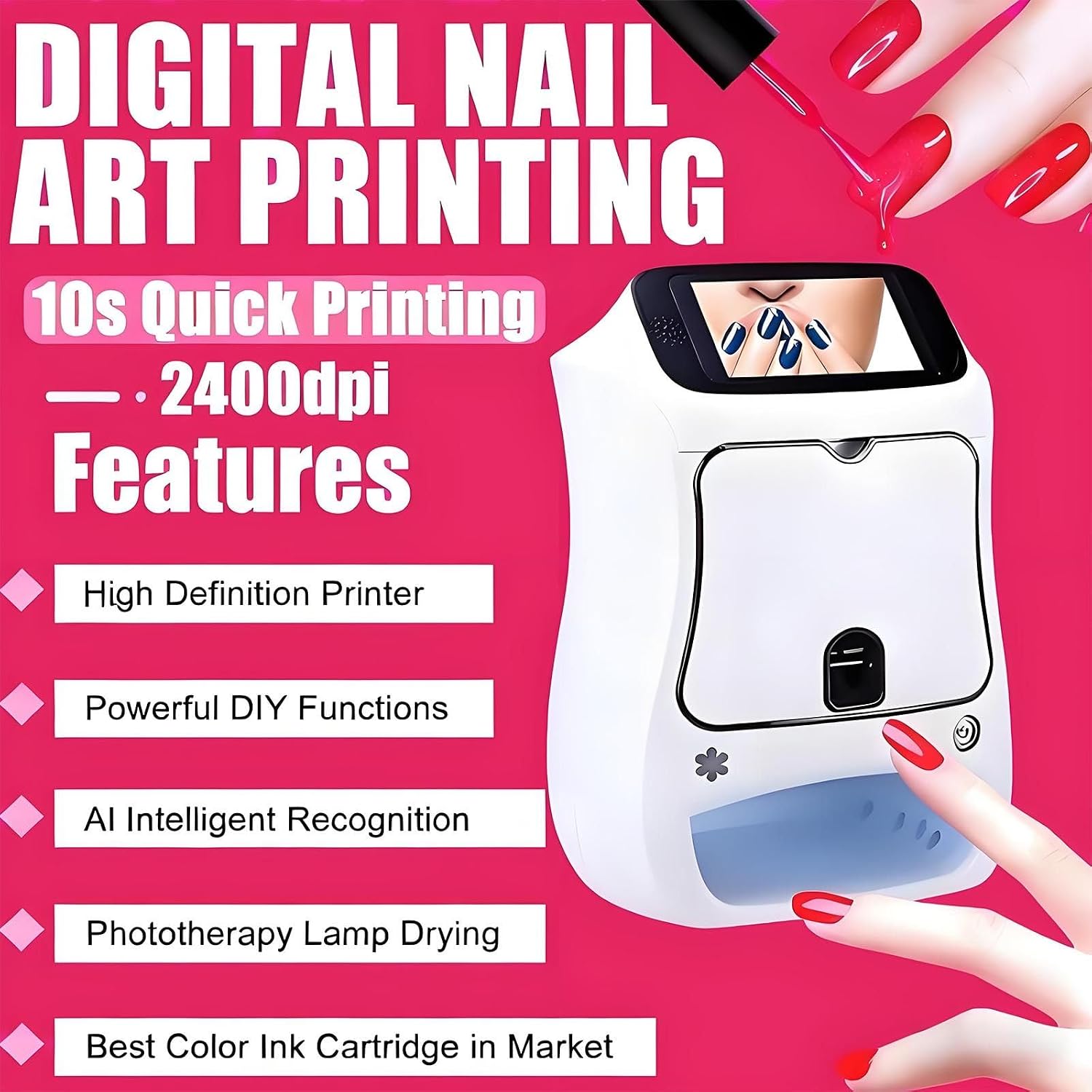 Nail Printer Nail Art Machine,Desktop Portable 3D Nail Painting Machine W/Uv Cure/5-In Touch Screen Display,Smart DIY Art Fingernail Printer Machine for Home Nail Salon Cute Girls Women