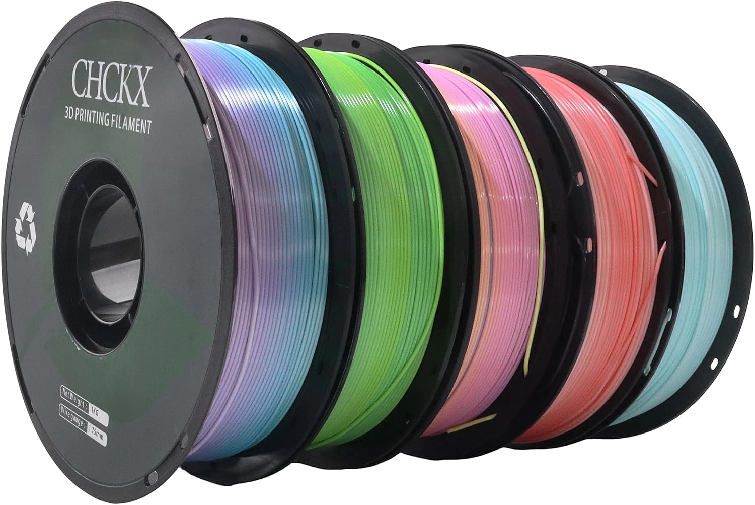 10 Pack Silk Rainbow PLA 3D Printer Filament Bundle, Dimensional Accuracy +/- 0.02 mm, 1kg (2.2lbs), 1.75 mm, Rainbow Candy,Blue Green,Red White,Blue White,Green, 10 Mix Rainbow Colors
