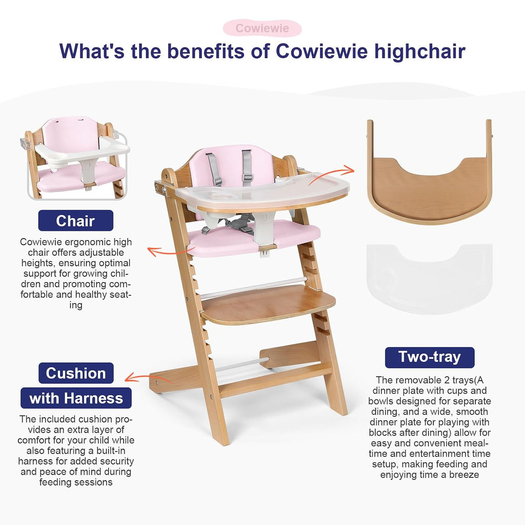 Cowiewie Natural Wooden High Chair for Babies & Toddlers 3-Tier Remove Adjustable Tray and Highchair with Cushions, Easy to Clean, Portable. (Pink)