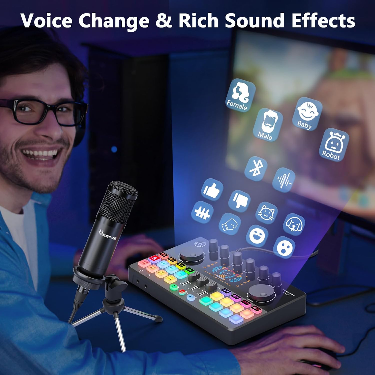 Podcast Equipment Bundle for 2, Audio Interface DJ Mixer with 3.5mm Condenser Microphone for PC, Smartphone, Voice change,RGB for Recording, Streaming, Podcasting, Gaming, COMMANDER M100 3rd
