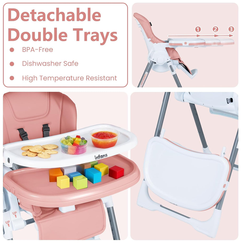 INFANS High Chair for Babies and Toddlers, Foldable Highchair with 7 Different Heights 4 Reclining Backrest Seat 3 Setting Footrest, Removable Tray Built-in Rear Wheels with Locks