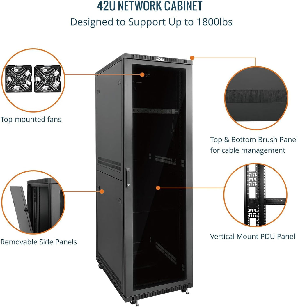 Tecmojo 42U Server Rack Network Cabinet 31.5' D x 23.6' W, Locking Data Cabinet Enclosure for 19' Server, Networking, AV & IT Equipment, Clear Door, Black