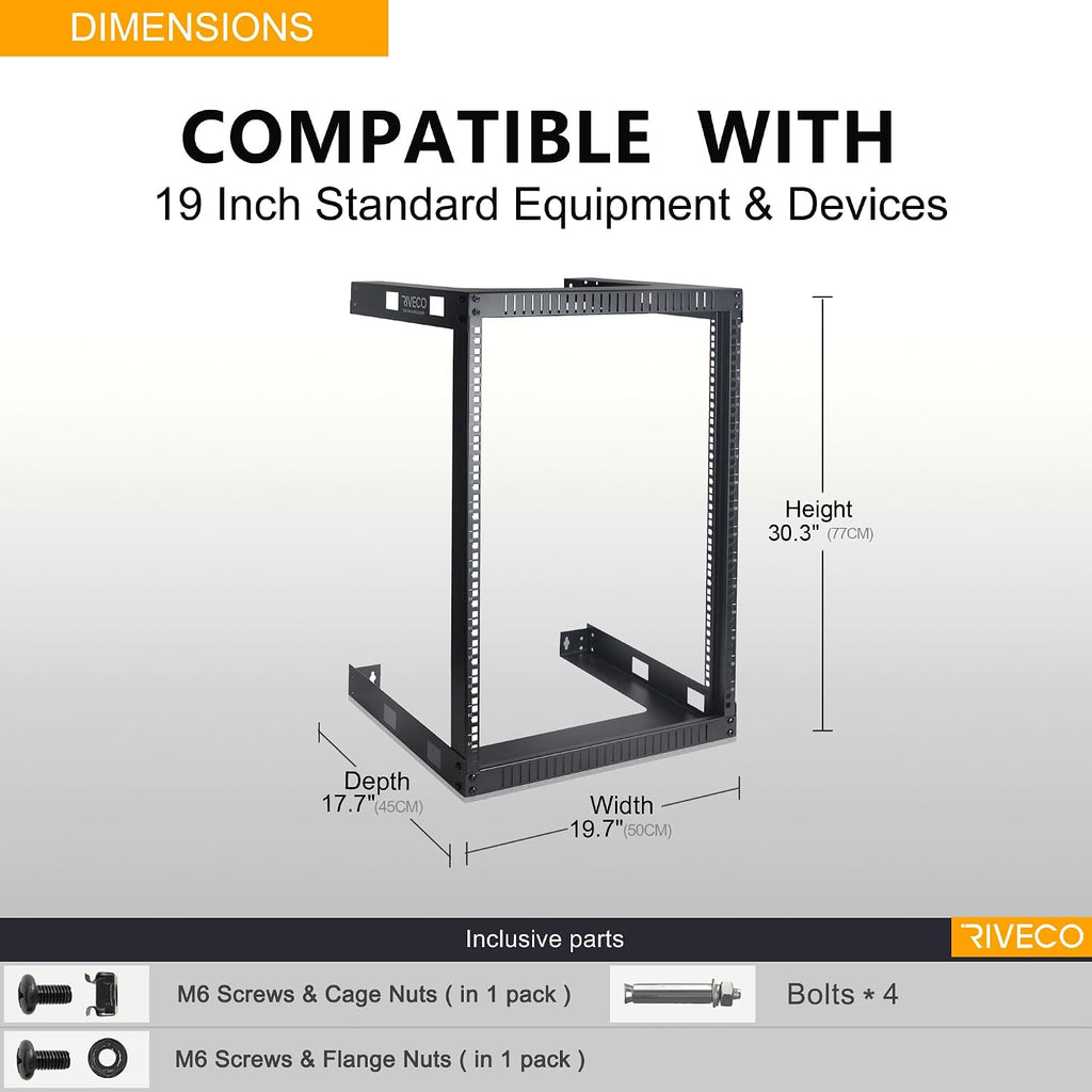 RIVECO 15U Cabinet 19' Wall Mount Shelf Network Rack – 17.7' Deep 2 Post Open Frame Easy Assembly Firm Constructed for Internet/Server/AV/Home Equipment/Patch Panel Heavy Duty Light Weight, Black