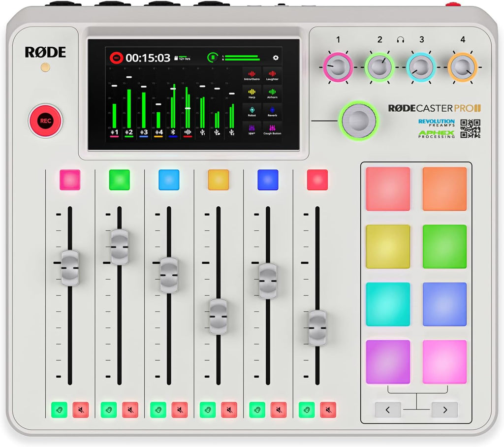 Rode RODECaster Pro 2 (White) Audio Production Studio Bundle with 4x Zoom ZDM-1 Podcast Mic Packs, 32GB microSD Card and StreamEye Polishing Cloth