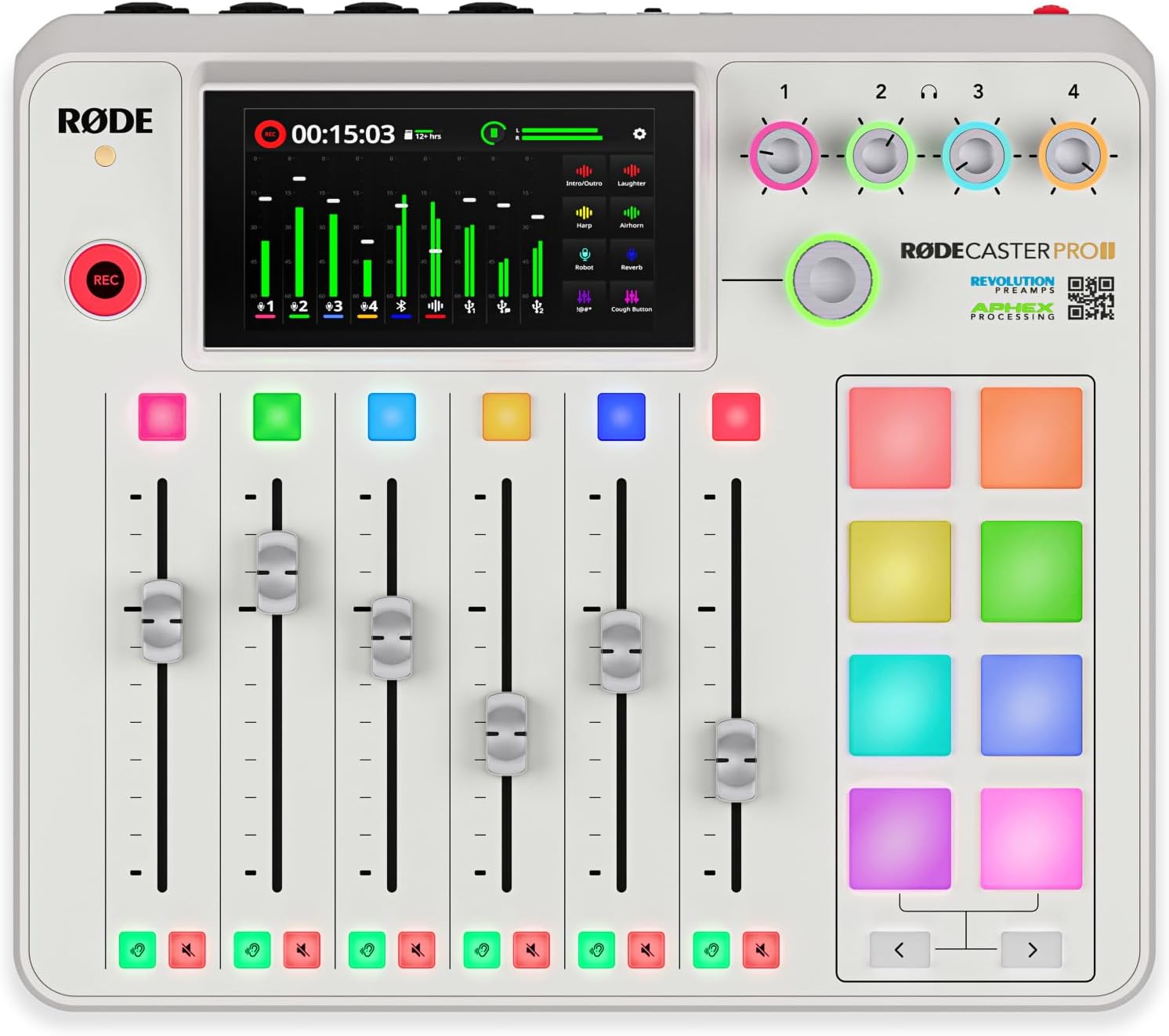 Rode RODECaster Pro 2 (White) Audio Production Studio Bundle with 4x Zoom ZDM-1 Podcast Mic Packs, 32GB microSD Card and StreamEye Polishing Cloth