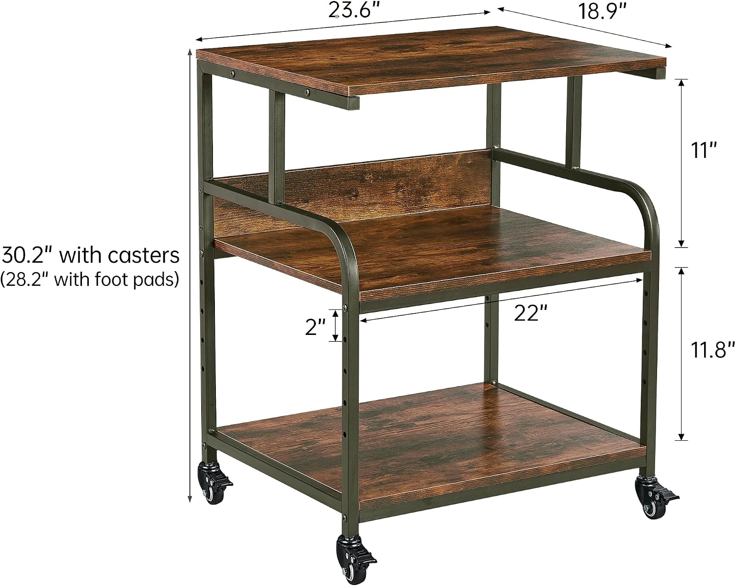 Fannova Large Printer Stand with Adjustable Storage Shelf, 3 Tier Printer Cart with Wheels for Home Office Organization, Rolling Table Stand for Heat Press Mini Fridge, Industrial Style