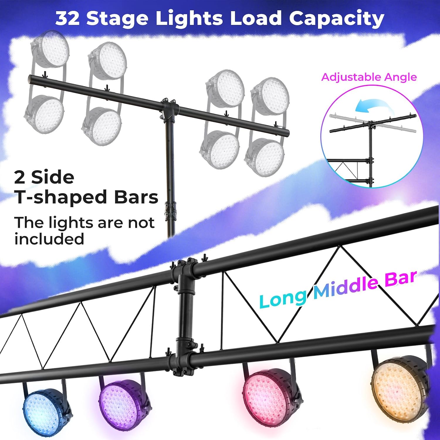 Goplus DJ Light Stand, 14FT Lighting Truss System with 32 Lights Hold 220LBS Capacity, 11-Level Adjustable Heights, T-Bar, Metal Stage Lighting Stand for Portable Audio Stage, Bar, Party, Bands