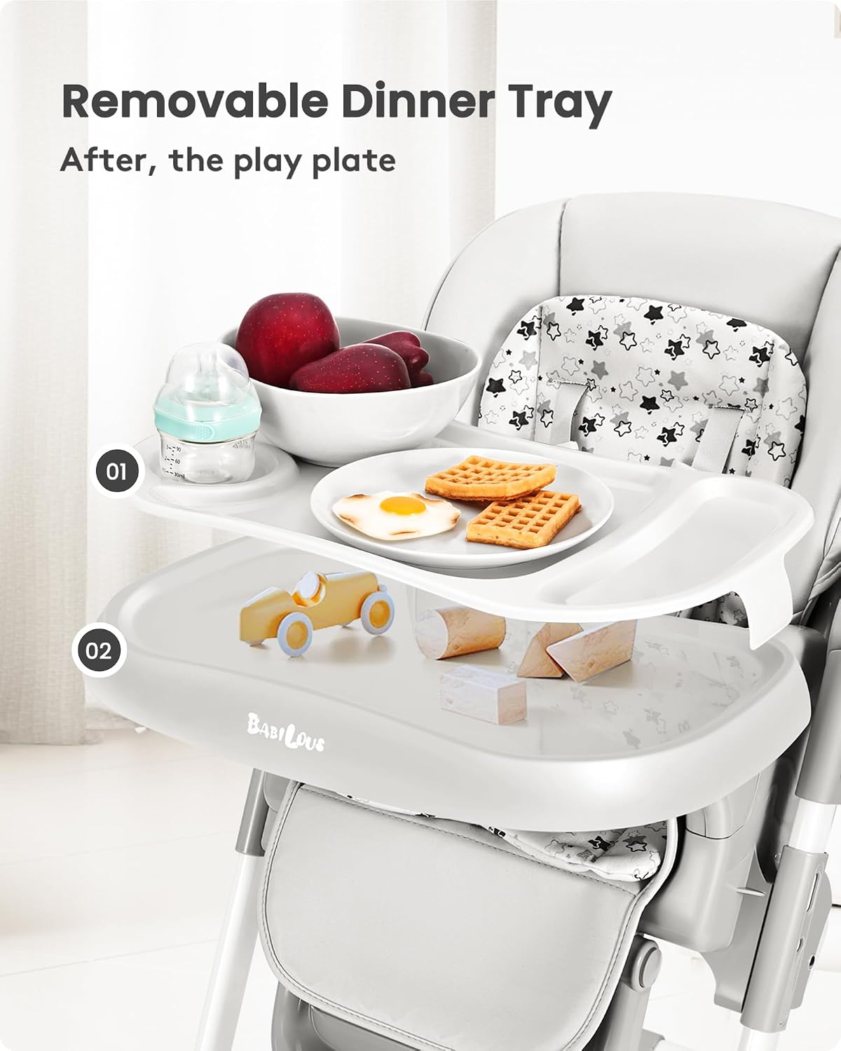 Babilous Foldable High Chair with Soft Cushion, High Chairs for Babies and Toddlers, Height Adjustable Feeding Chair, Adjustable Backrest and Footrest, Lockable Wheels, Star Gray