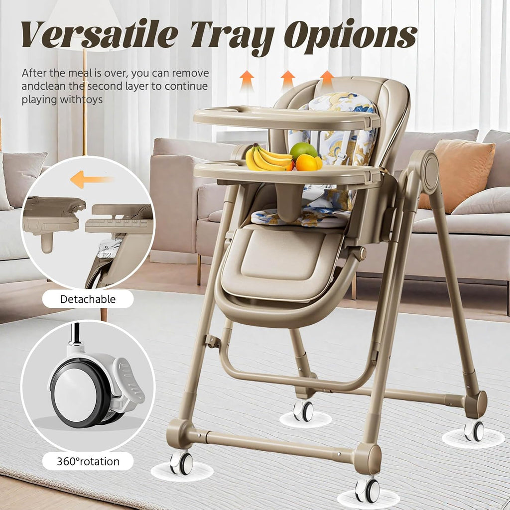Multi Functional All in 1 Baby High Chair Swings for Infants Foldable Rocking 8 Level Height Adjustment Eco Friendly Washable PU Cushion Ultimate Baby Feeding Chair (Brown)
