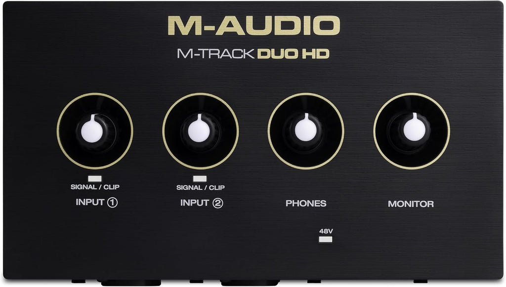 M-AUDIO M-Track Duo HD Audio Interface, M100 Condenser Microphone and HDH41 Studio Monitoring Headphones for Recording, Producers, Content Creators and Podcasters