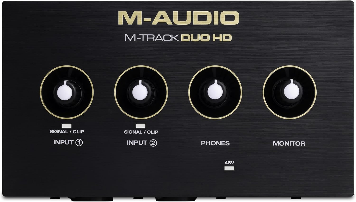 M-AUDIO M-Track Duo HD Audio Interface, M100 Condenser Microphone and HDH41 Studio Monitoring Headphones for Recording, Producers, Content Creators and Podcasters