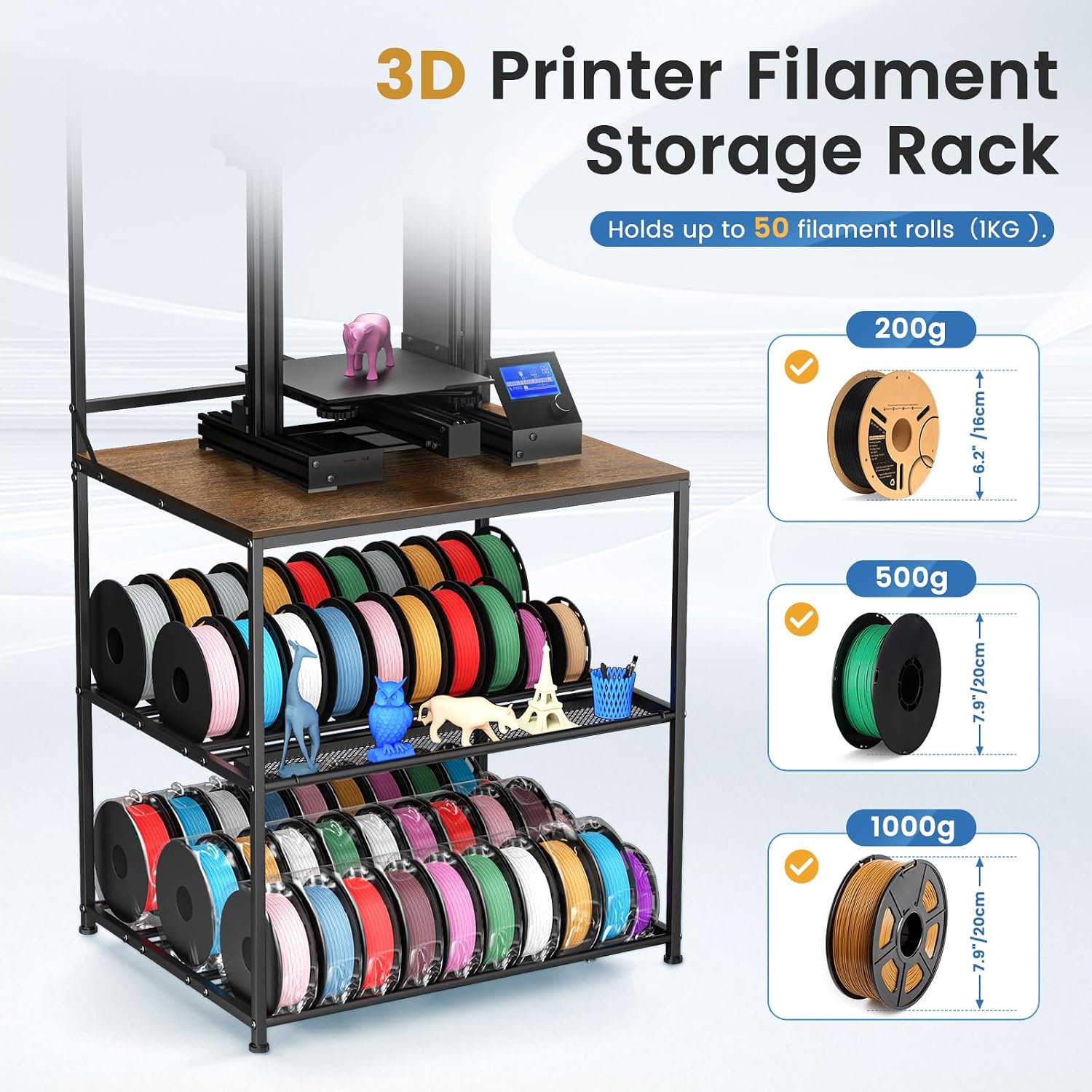 3D Printer Stand with Filaments Storage, 29.13'L x 22.44'W 3D Printer Table Filament Organizer Spools Holder Racks with Removable Basket, Hold Spool PLA, ABS, PETG for Workshop Studio Office (Brown)
