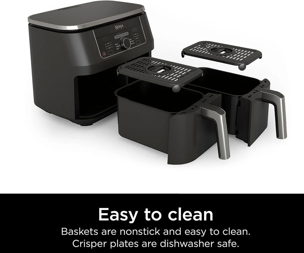 Ninja AD150 Foodi 8 Quart 6-in-1 DualZone 2-Basket Air Fryer with 2 Independent Frying Baskets, Match Cook & Smart Finish to Roast, Broil, Dehydrate & More for Quick, Easy Meals, Black (Renewed)
