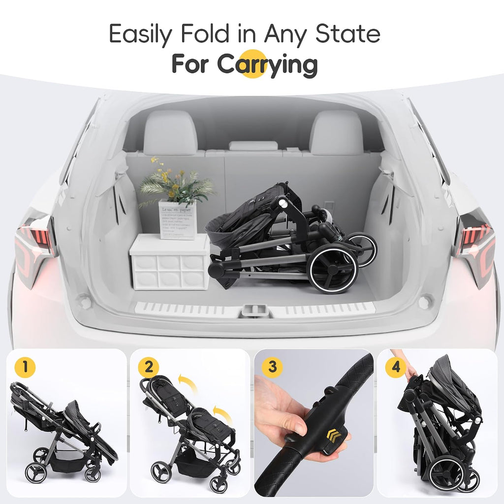 MU Double Stroller, Foldable Twin Tandem Stroller with Adjustable Backrest, Reversible Seat, 5-Point Harness, Storage Basket, Convertible Baby Bassinet for Infant and Toddler, Gray