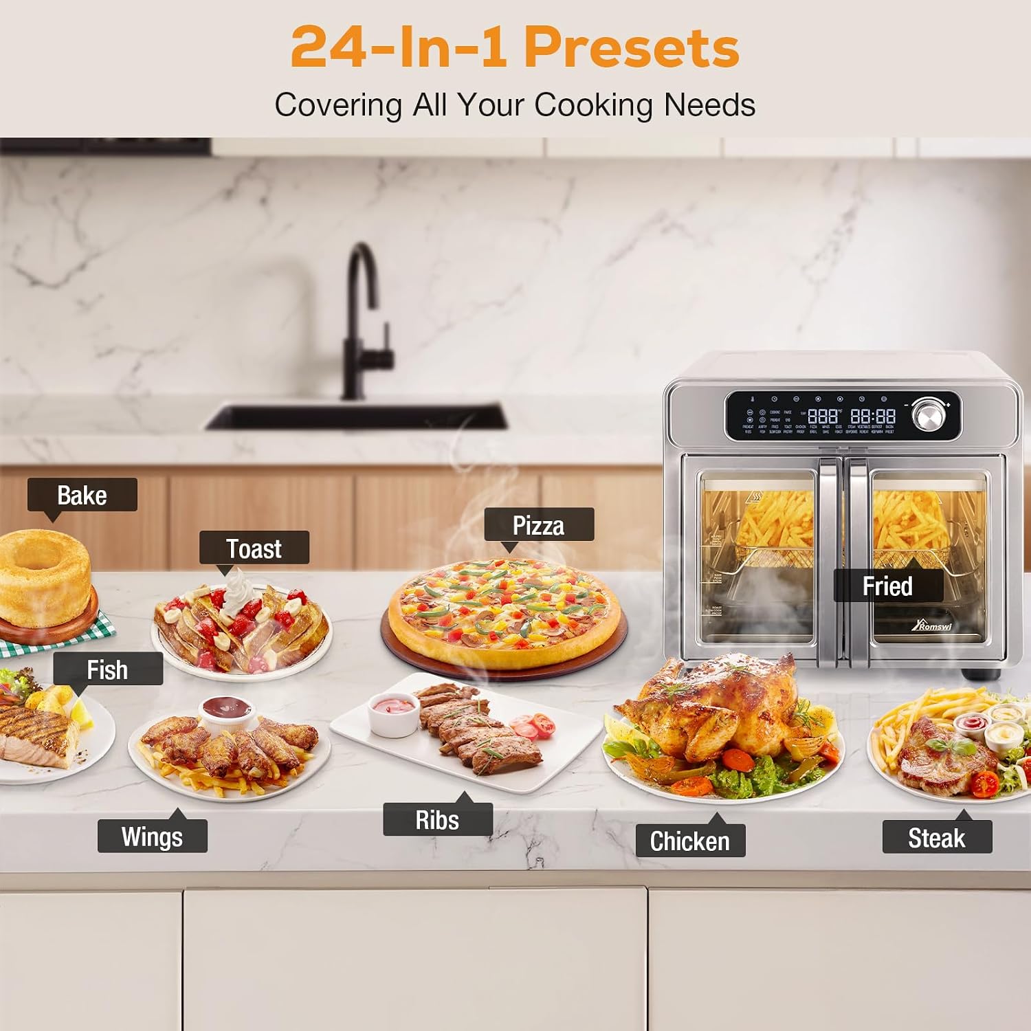 Romswi 26QT French Door Air Fryer Toaster Oven Combo, 24 Cooking Functions and Digital Controls, Fits 12' Pizza, 6 Slices of Toast, Rotisserie 6lb Chicken, 6 Accessories Included