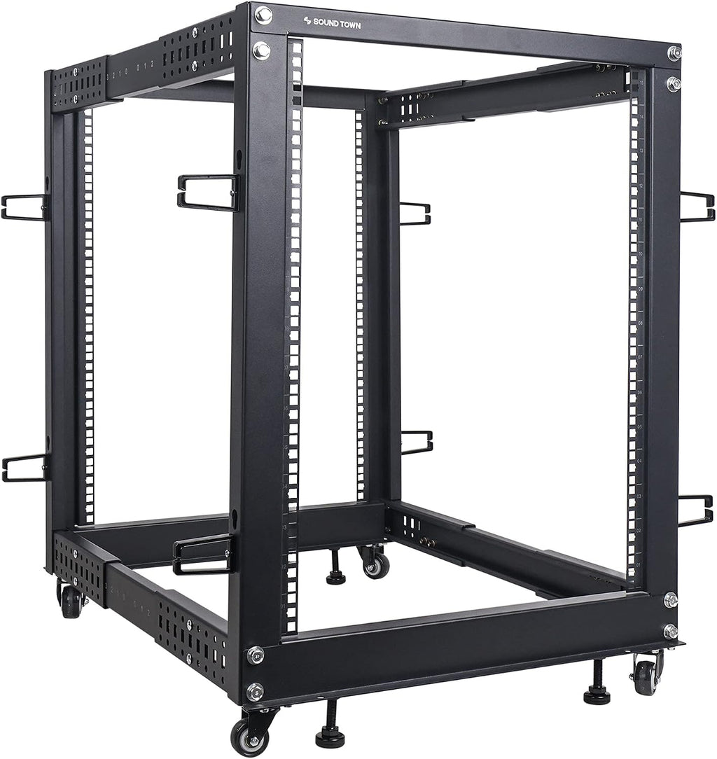 Sound Town 4-Post 15U Open Frame Sever and Network Equipment Rack with Adjustable Depth 22'-40', Casters, Levelers, Cable Management (ST4POF-A15U)