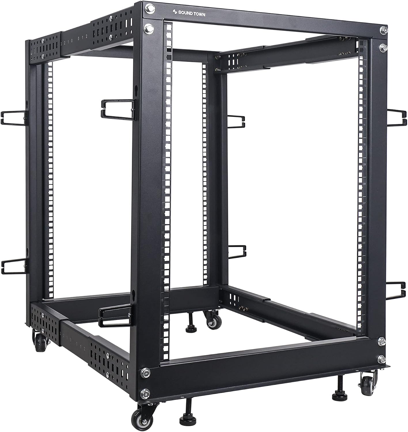 Sound Town 4-Post 15U Open Frame Sever and Network Equipment Rack with Adjustable Depth 22'-40', Casters, Levelers, Cable Management (ST4POF-A15U)