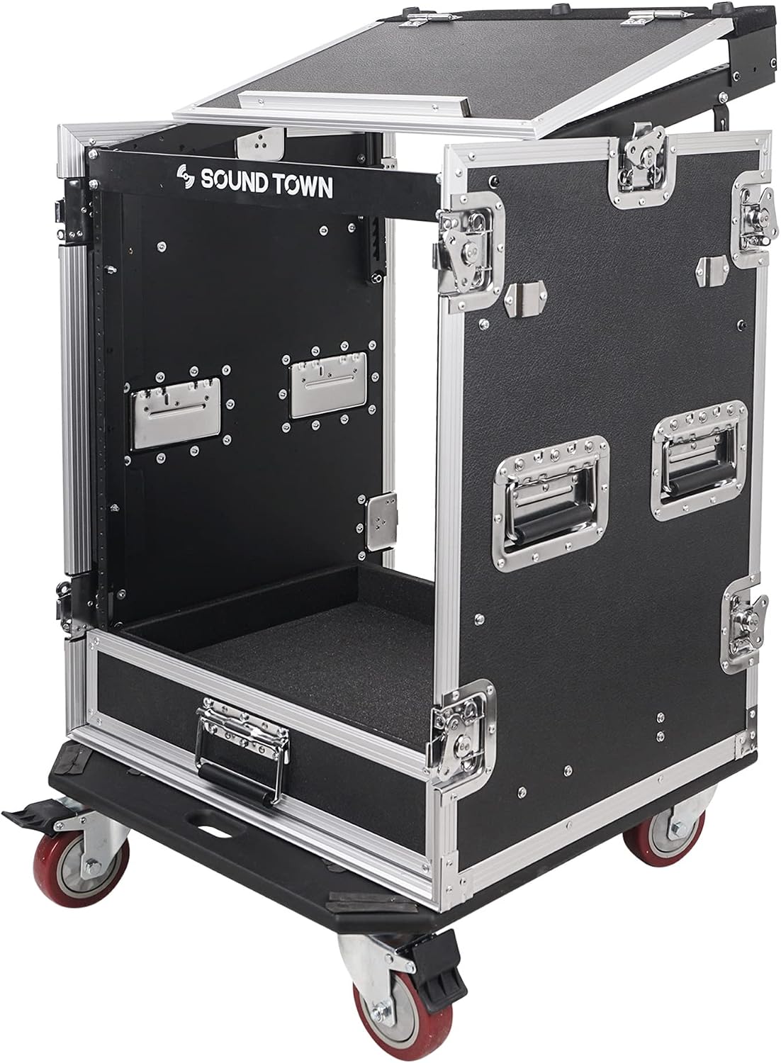 Sound Town 14U PA DJ Pro Audio Rack/Road ATA Case with 2U Drawer, 11U Slant Mixer Top, DJ Work Table, Casters, Pro Tour Grade (MR-DR14UT)