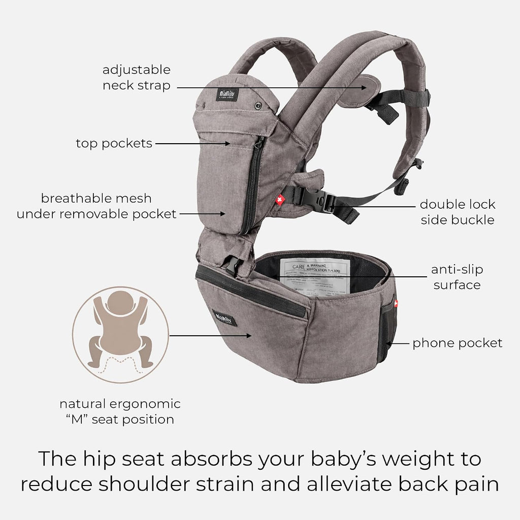 MiaMily Ergonomic Hip Seat Baby Carrier, 6 Carry Positions, Newborn to Toddler, Lumbar Support, Adjustable Waist Belt, Hipster Plus, Stone Grey