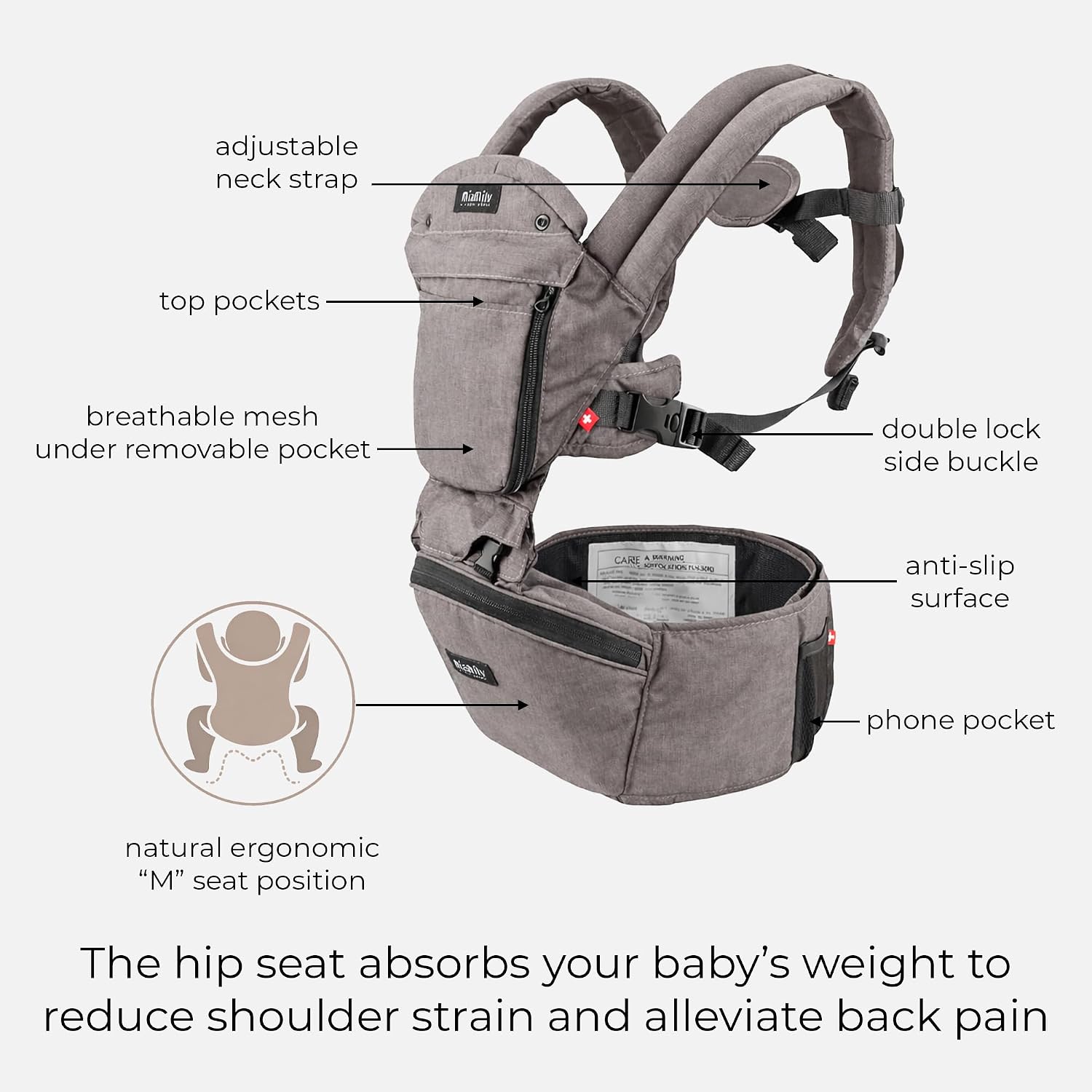 MiaMily Ergonomic Hip Seat Baby Carrier, 6 Carry Positions, Newborn to Toddler, Lumbar Support, Adjustable Waist Belt, Hipster Plus, Stone Grey