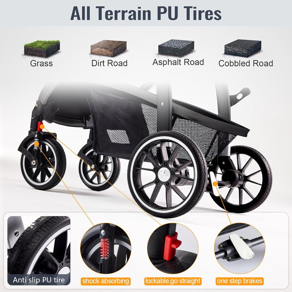 Baby Stroller, 2-in-1 Reversible Toddler Seat with Lie-Flat Mode, Foldable Infant Stroller with Canopy, One Button Brake, Adjustable Handle, Newborn Pushchair (Black B)