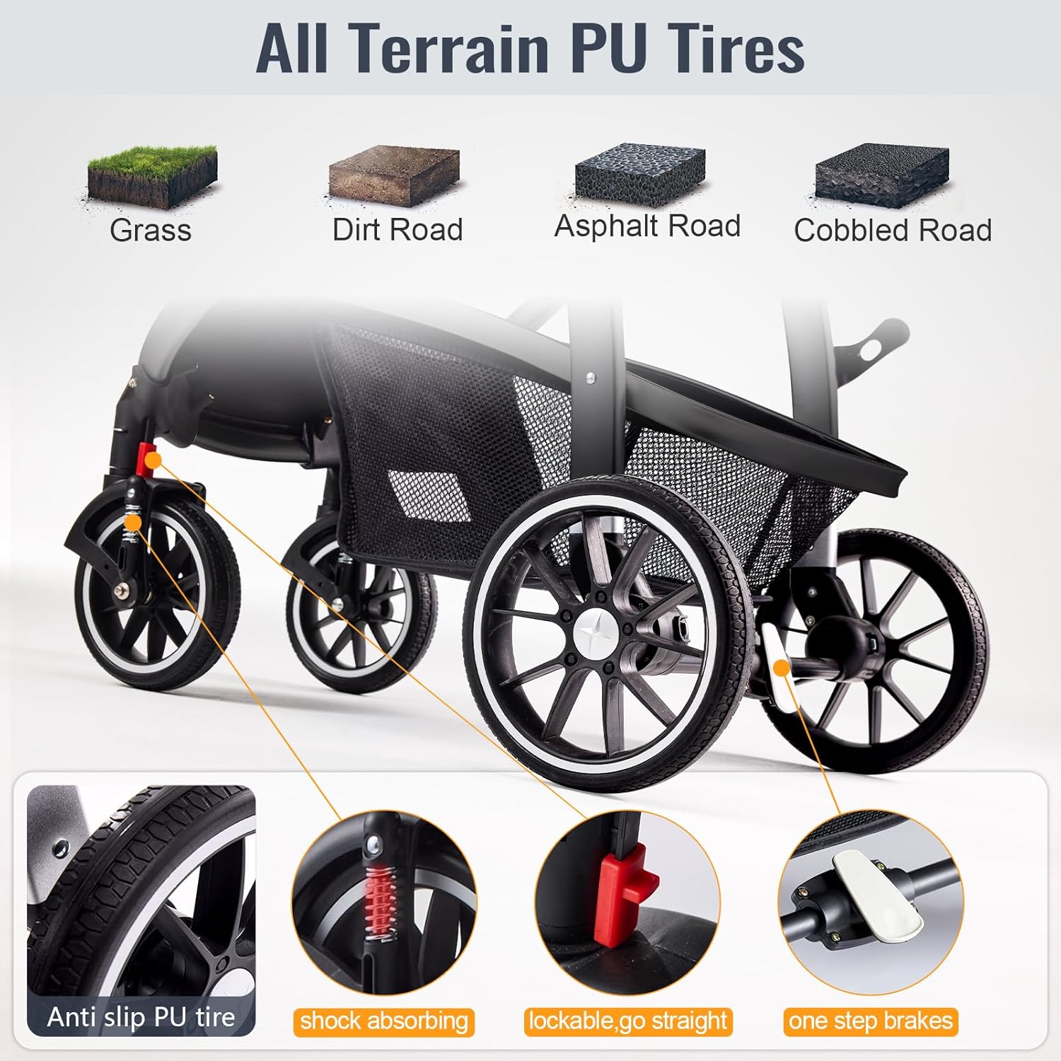 Baby Stroller, 2-in-1 Reversible ToddlerSeat with Lie-Flat Mode, Foldable Infant Stroller with Canopy, One Button Brake, Adjustable Handle, Newborn Pushchair (Gray B)