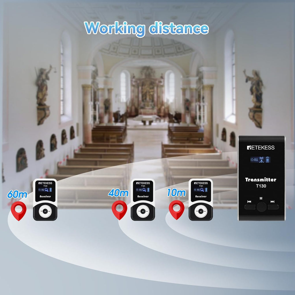 Retekess T130 Wireless Tour Guide System, Church Translation System, Easy to Set Up, Clear Sound Quality, Tour Guide Headsets for Plant Tour, School (1 Transmitter 15 Receivers)
