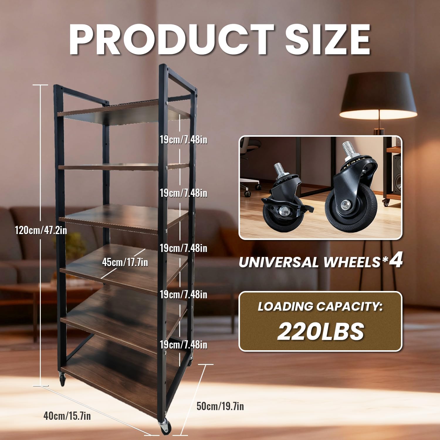 6-Tier AV Media Stand, Audio-Video Shelving with Wheels, Adjustable Media Console Cabinet, Modern Stereo Rack, Metal Media Shelf for Record Player, DVD, TV Box