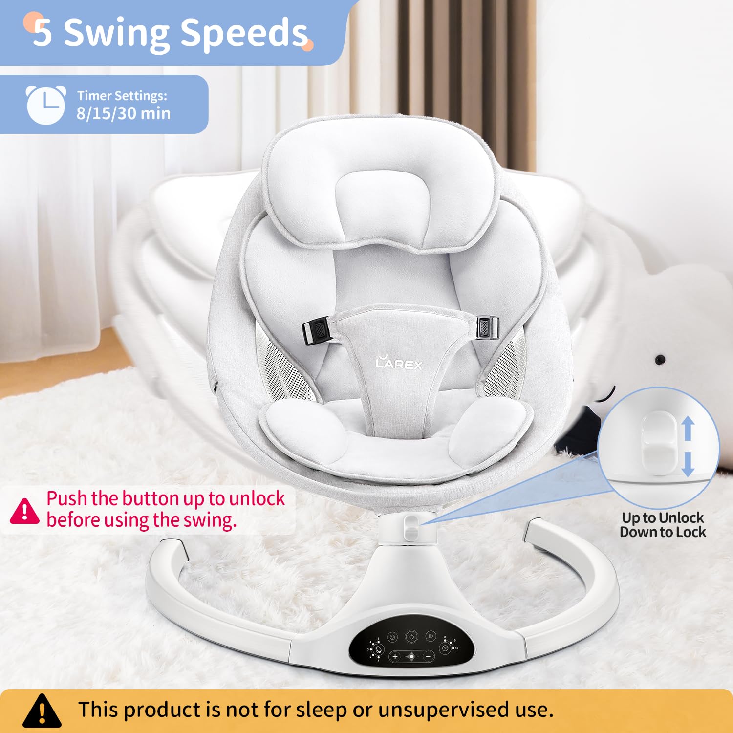 LAREX Baby Swing Infant Swing Electric Toddler Baby Rocker Portable for Newborn Boy Girl, 5 Sway Speeds with Remote Control, 10 Preset Melodies and Bluetooth, 0-6 Months Max 20 Lbs (White)