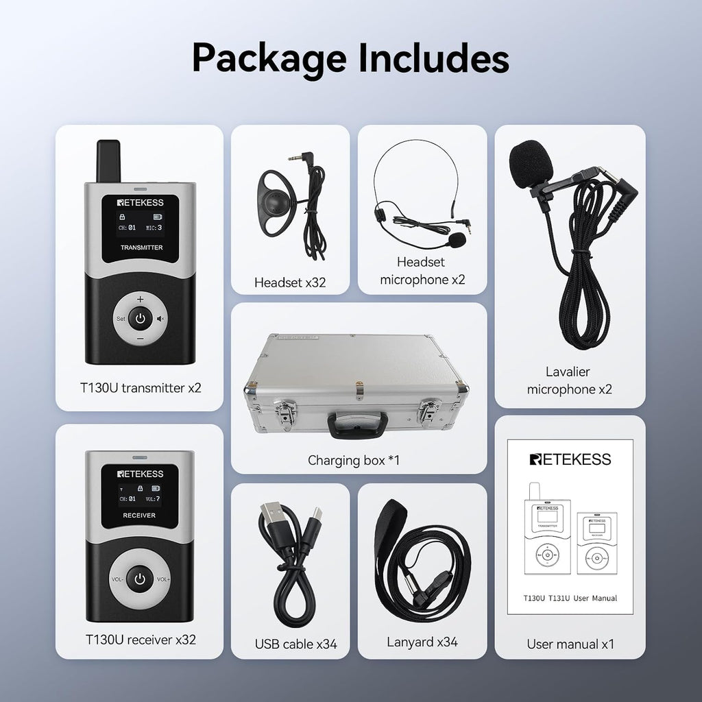 Retekess T130U(4nd Gen T130) Wireless Tour Guide System,Clear Sound Quality Digital Tour Guide Headsets, 200m, Stable Signal, Assistive Listening System for factory,Travel(2 Transmitters 32 Receivers)