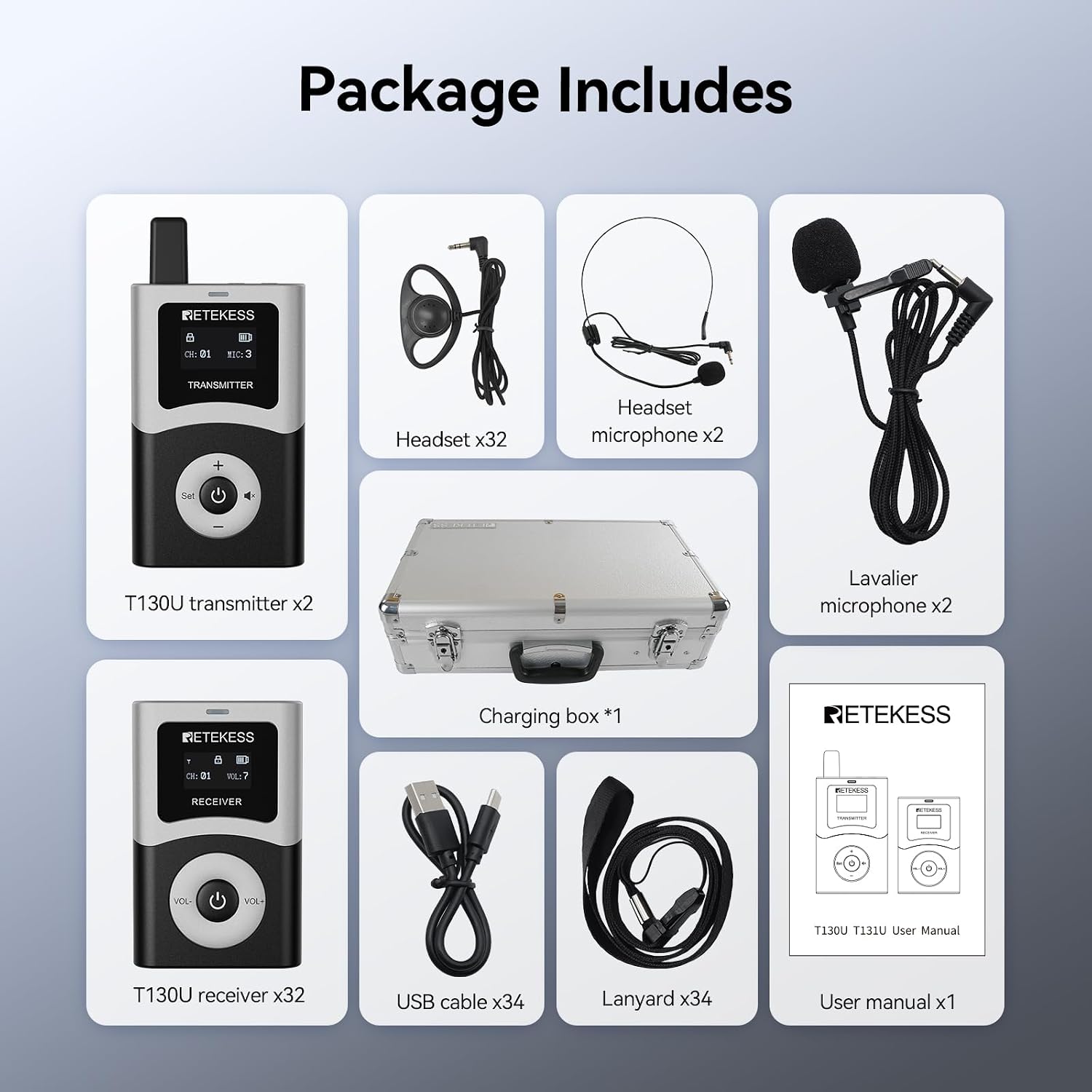 Retekess T130U(4nd Gen T130) Wireless Tour Guide System,Clear Sound Quality Digital Tour Guide Headsets, 200m, Stable Signal, Assistive Listening System for factory,Travel(2 Transmitters 32 Receivers)