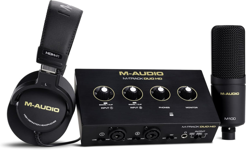 M-AUDIO M-Track Duo HD Audio Interface, M100 Condenser Microphone and HDH41 Studio Monitoring Headphones for Recording, Producers, Content Creators and Podcasters
