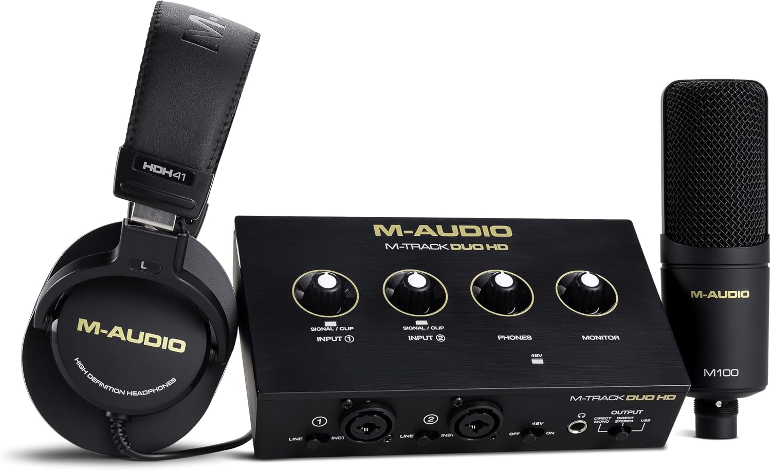 M-AUDIO M-Track Duo HD Audio Interface, M100 Condenser Microphone and HDH41 Studio Monitoring Headphones for Recording, Producers, Content Creators and Podcasters