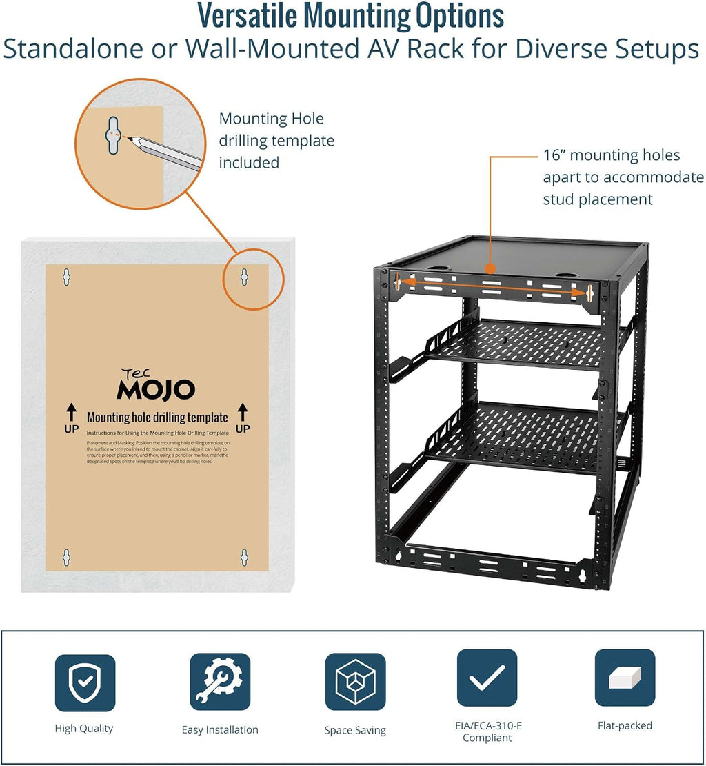Tecmojo 16U Open Frame Network Rack for IT & AV Gear, AV Rack Floor Standing or Wall Mounted,with 2 PCS 1U Rack Shelves & Mounting Hardware,Network Rack for 19' Networking,Audio and Video Device